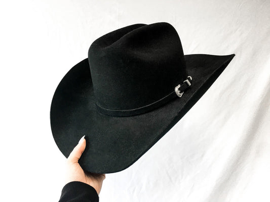 Vintage Resistol 3X Black Wool Cowboy Hat with Silver Buckle Band Detail, Sz. 7 1/2
