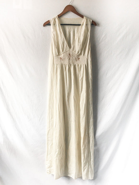 Vintage Sears Cream/Off-White Peignoir Slip Dress with Brown Floral Embroidery, Sz. L 38-40