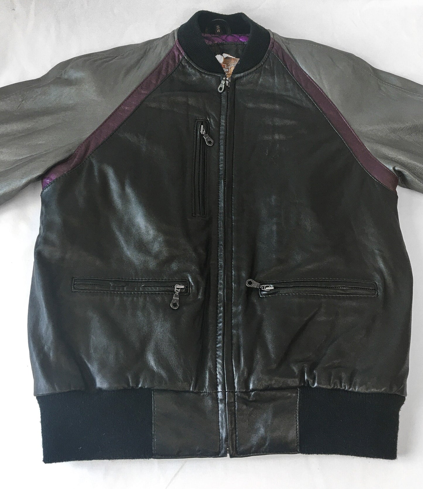 Vintage Harley Davidson Gray and Purple Leather Bomber Jacket with Studded and Embroidered Details, Sz. S/M