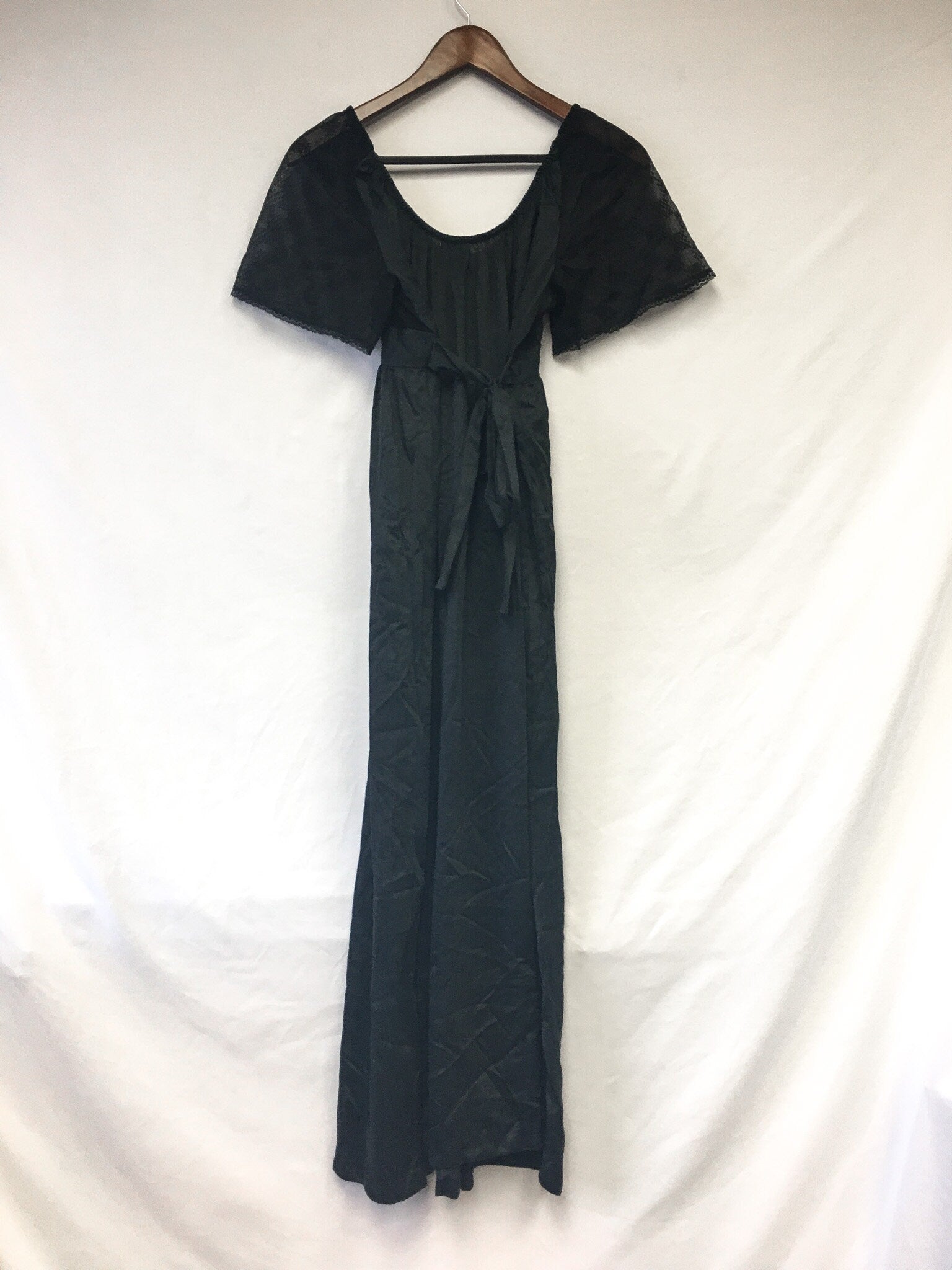 Vintage Gossard Artemis Black Short-Sleeved Lace Slip Dress with Adjustable Tie, Sz. M, Vintage Peignoir Dress