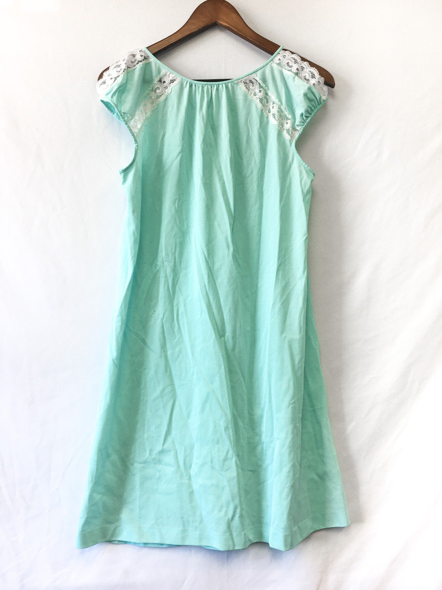 Vintage Gossard Artemis Teal Slip Dress with Cut-Out Sleeve and Lace Detail, Sz. M, Vintage Peignoir Dress