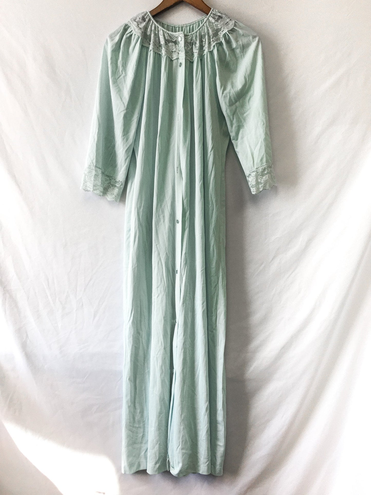 Vintage Teal Sleeved Slip Dress with Lace Detail, Sz. L, Vintage Peignoir Dress