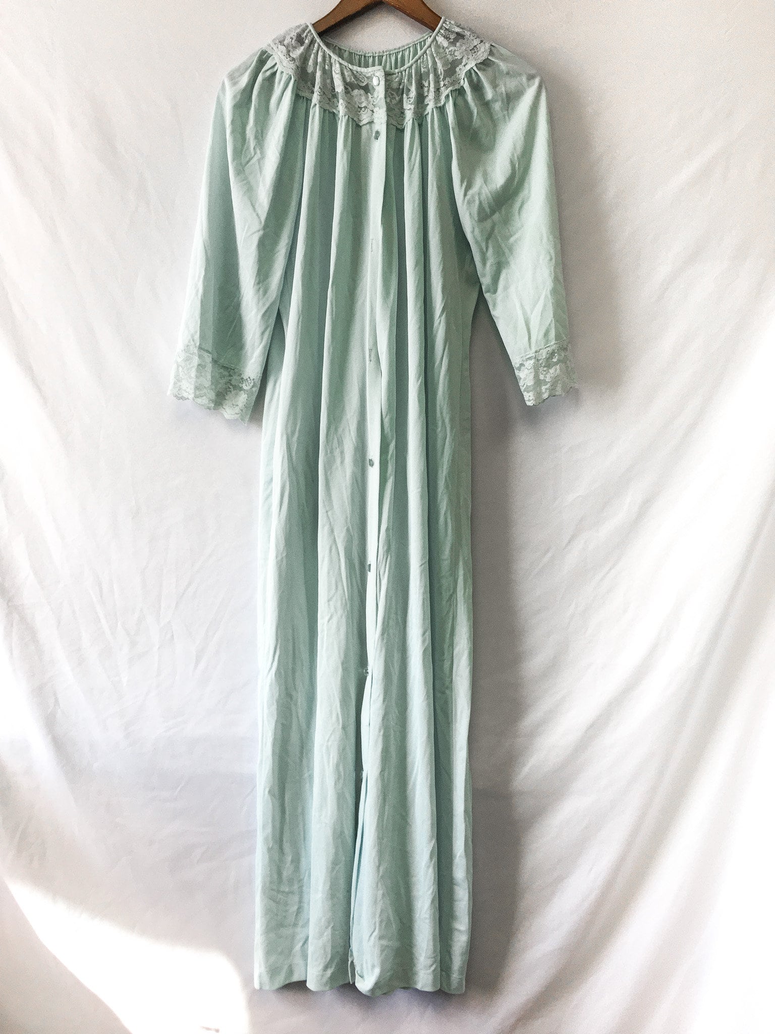 Vintage Teal Sleeved Slip Dress with Lace Detail, Sz. L, Vintage Peignoir Dress