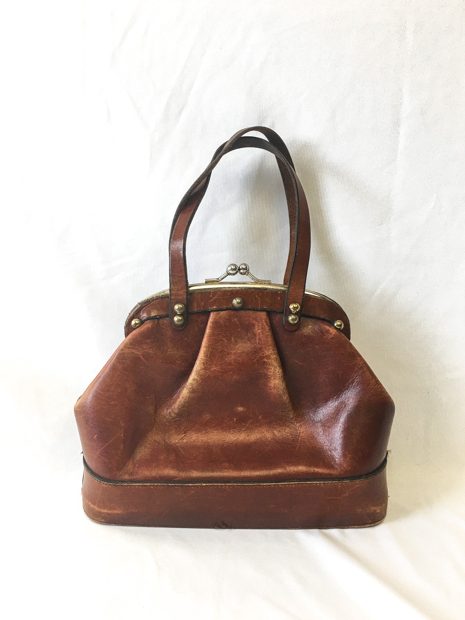 Vintage 60s Etienne Aigner Handmade Brown Leather Top Handle Satchel, 60s Leather Handbag