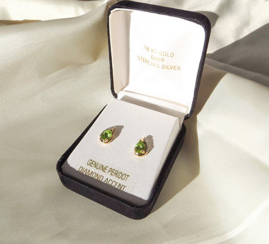Vintage 18kt Over Sterling Silver Peridot with Diamond Accent Stud Earrings, August Birth Stone, Vintage Earrings