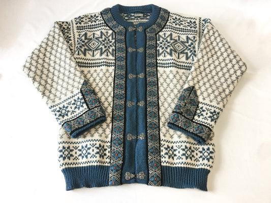 Vintage Dale of Norway Nordic Wool Cream/Off-White and Blue Floral Embroidered Cardigan Sweater with Metal Clasp Enclosure, Sz. S 48