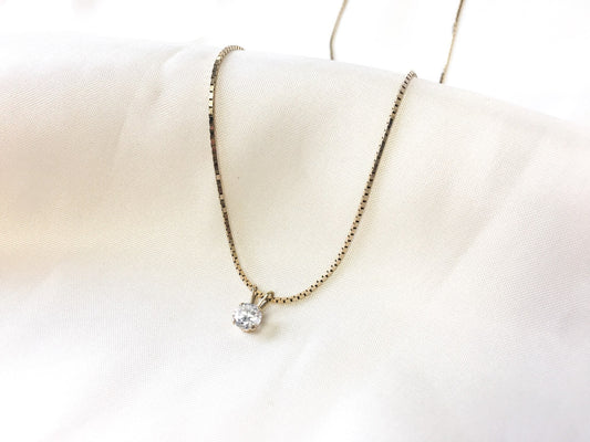 Vintage 14k Gold Cubic Zirconia Pendant on 14k Gold Box Chain, Vintage Gold Jewelry