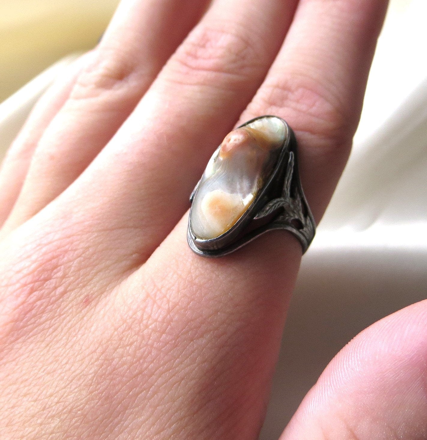 Vintage Blister Pearl and Sterling Silver Ring with Leaf Accents, Antique Victorian Ring, Size 5.75