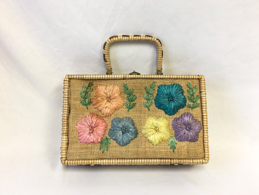 Vintage 60s Bags by Donna Floral Raffia Wicker Rectangle Top Handle Purse, 1960s Coquette Bag
