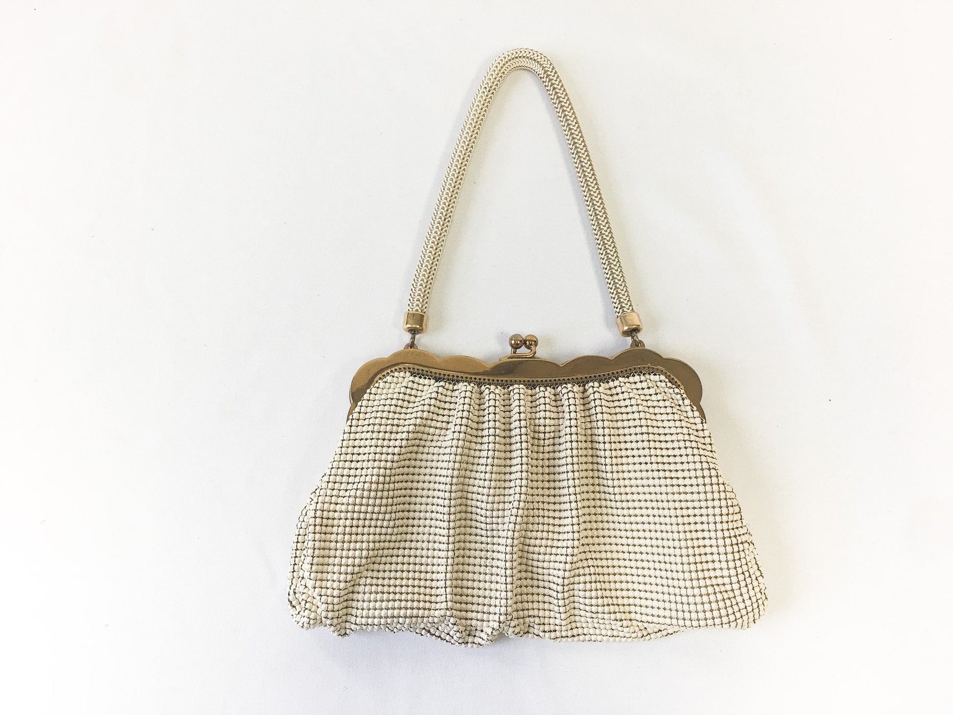 Vintage 70s Whiting and Davis Cream/Off-White Beaded Mesh Handbag, 70s Art Deco Evening Bag