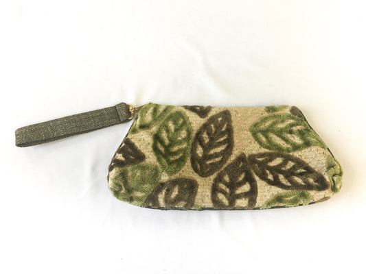 Vintage Offhand Designs Beige Clutch Wristlet with Fuzzy Leaf Details