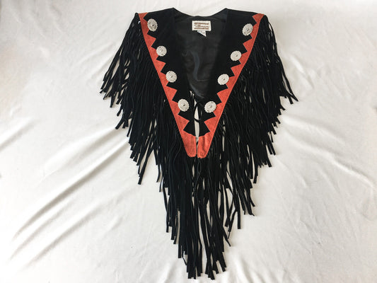 Vintage 90s Tillman Black and Red Suede Fringe Shawl with Silver Toned Concho Details, O/S