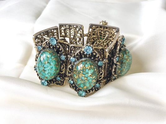 Vintage Victorian Inspired Glass Cabochon Panel Link Bracelet with Blue Rhinestones, Retro Jewelry