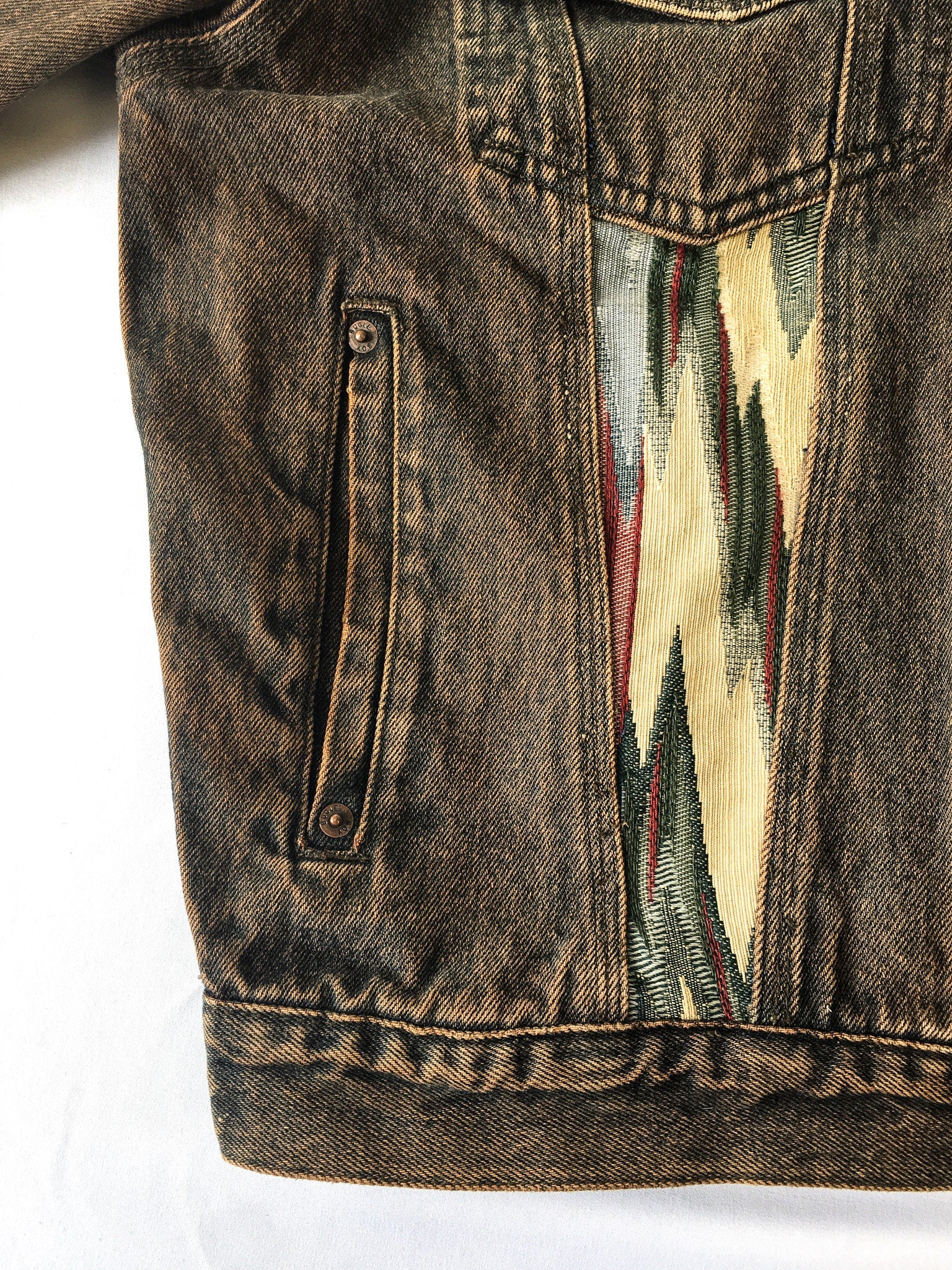 Vintage 90s Bugle Boy Gold Crest Multicolor Woven Abstract Patterned Denim Jacket, Sz. L, 1990s Unique Jean Jacket