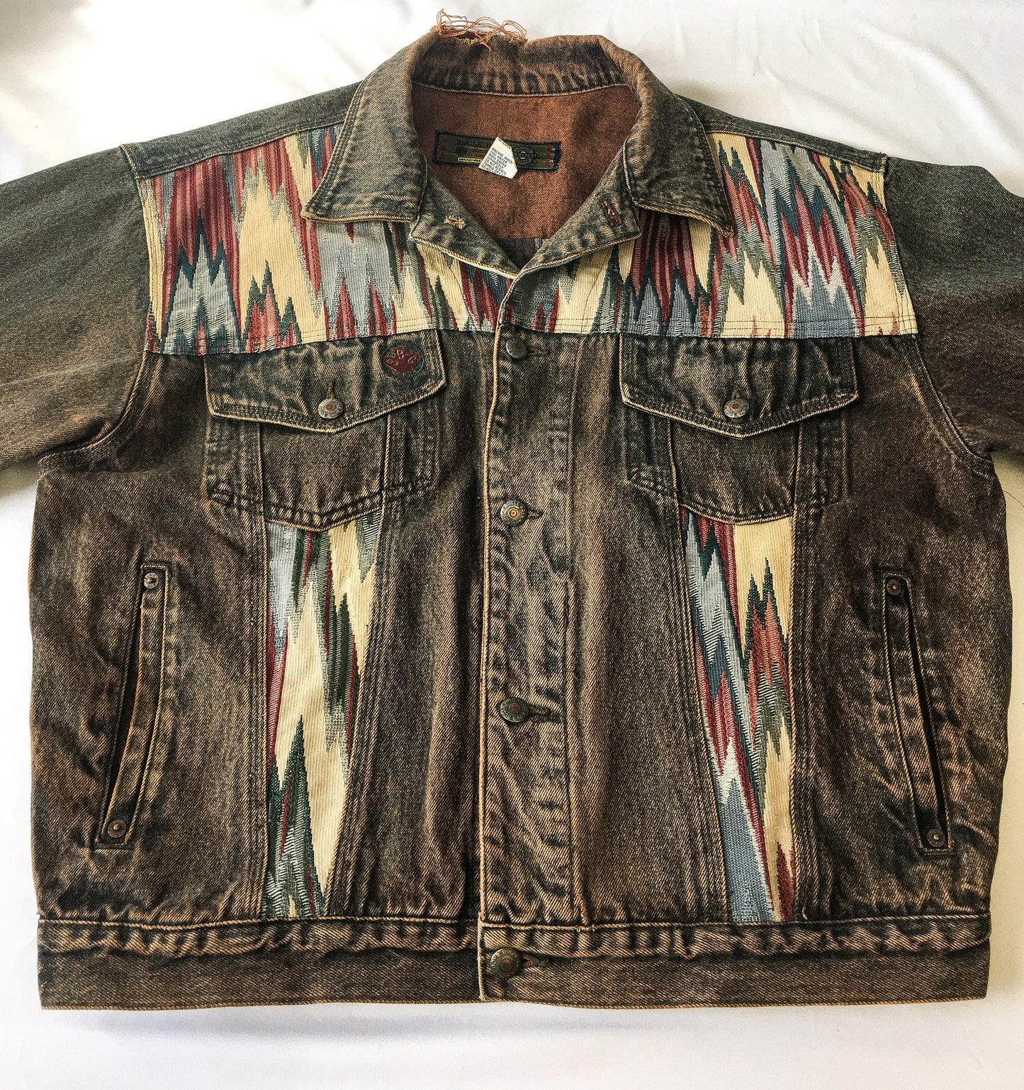 Vintage 90s Bugle Boy Gold Crest Multicolor Woven Abstract Patterned Denim Jacket, Sz. L, 1990s Unique Jean Jacket