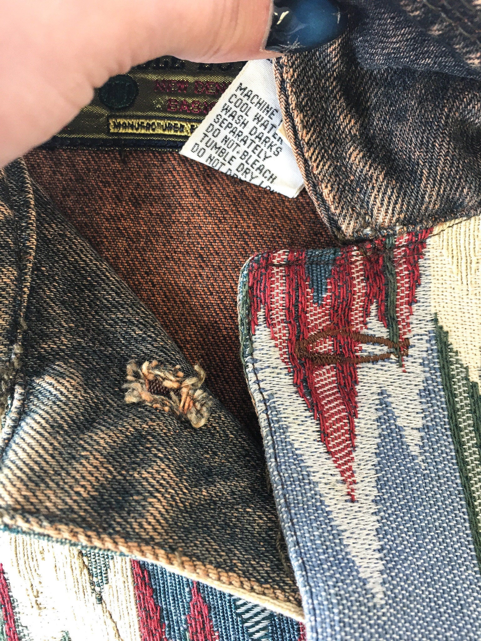 Vintage 90s Bugle Boy Gold Crest Multicolor Woven Abstract Patterned Denim Jacket, Sz. L, 1990s Unique Jean Jacket