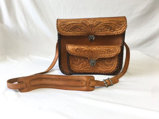 Vintage 70s Handcrafted Large Brown Tooled Leather Purse with Floral Engraving Details