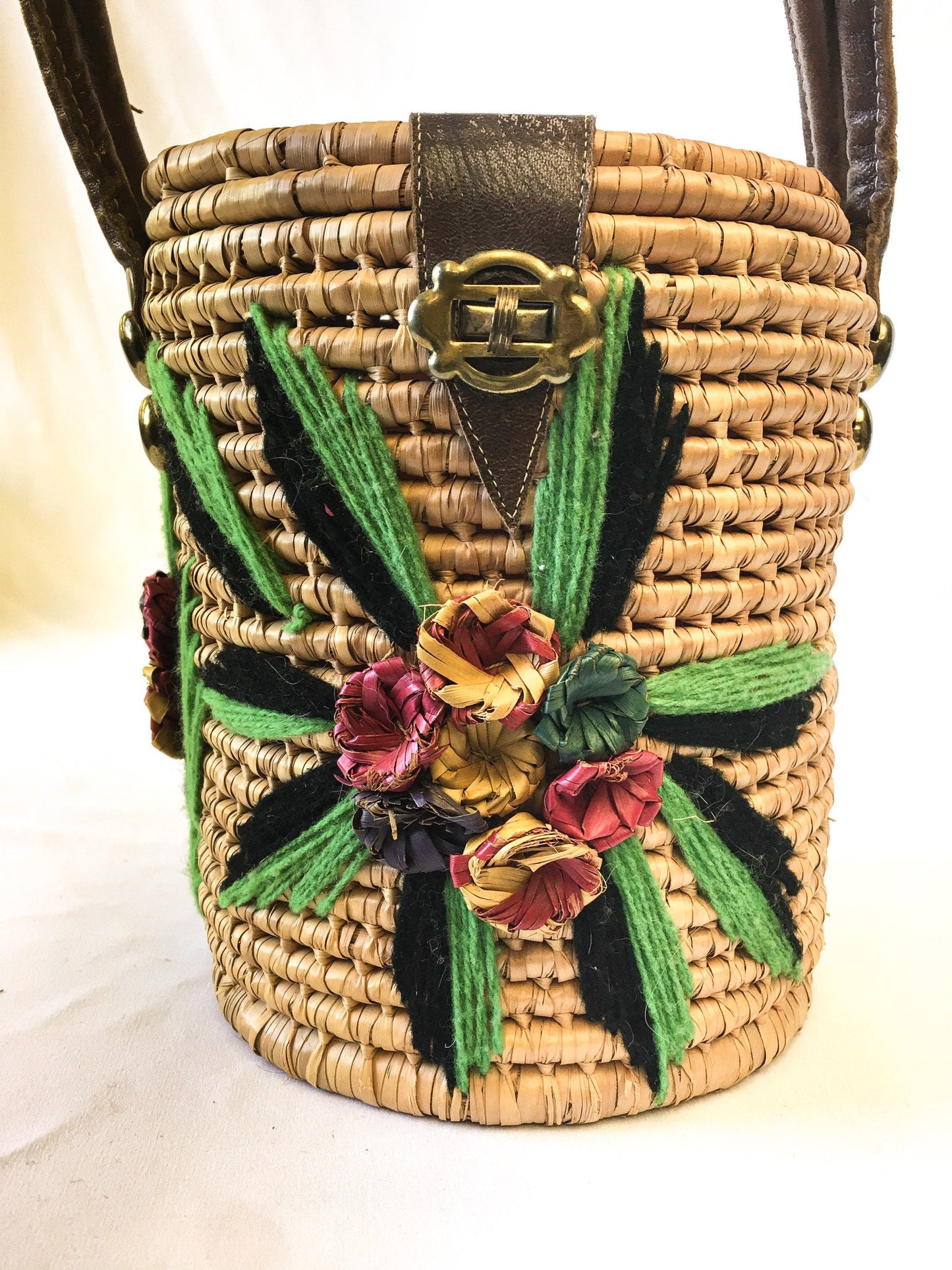 Vintage Handcrafted Floral Wicker Basket Bag, Coquette Wicker Picnic Basket