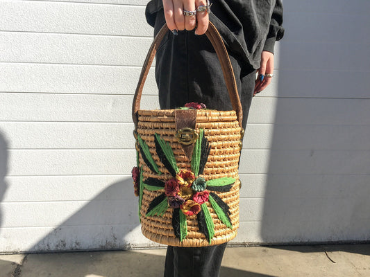 Vintage Handcrafted Floral Wicker Basket Bag, Coquette Wicker Picnic Basket