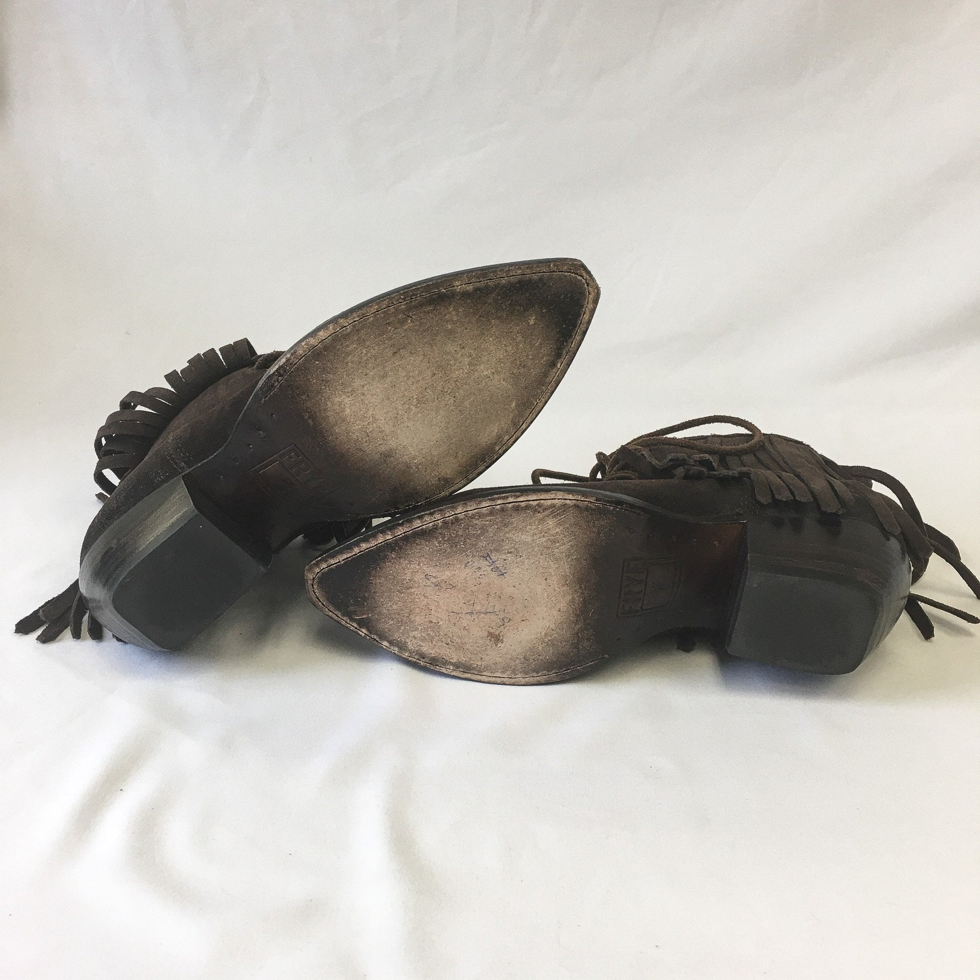 Vintage FRYE Sacha Fringe Distressed Brown Suede Ankle Boots, Sz. 6B, Vintage Western Boots