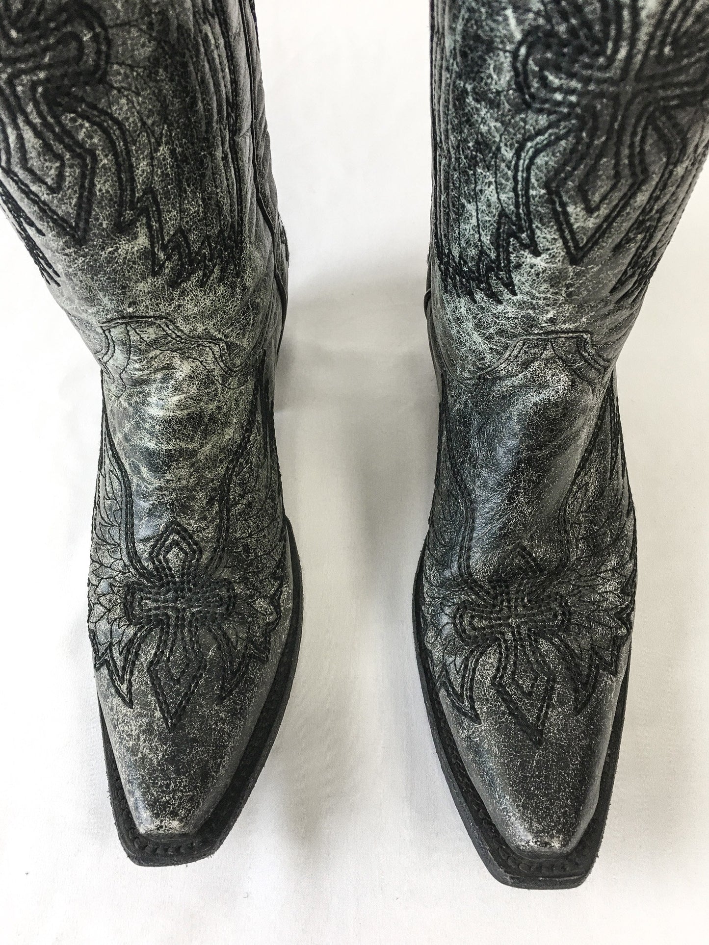 Vintage Inspired Corral Circle G Black & Gray/Green Wing and Cross Embroidered Leather Cowboy Boots, Women's Sz. 6.5M