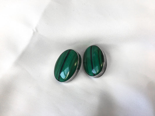 Vintage Sterling Silver and Malachite Large Stud Earrings, Marked Sterling SR