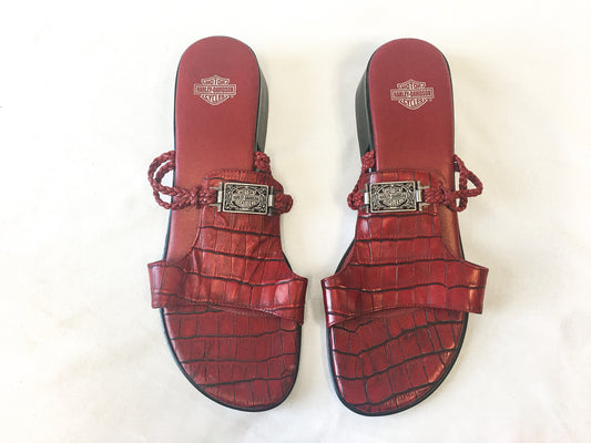 Vintage 90s Harley Davidson Red Leather Block Heel Sandals with Silver Metal and Braided Strap Detail, Sz. 9