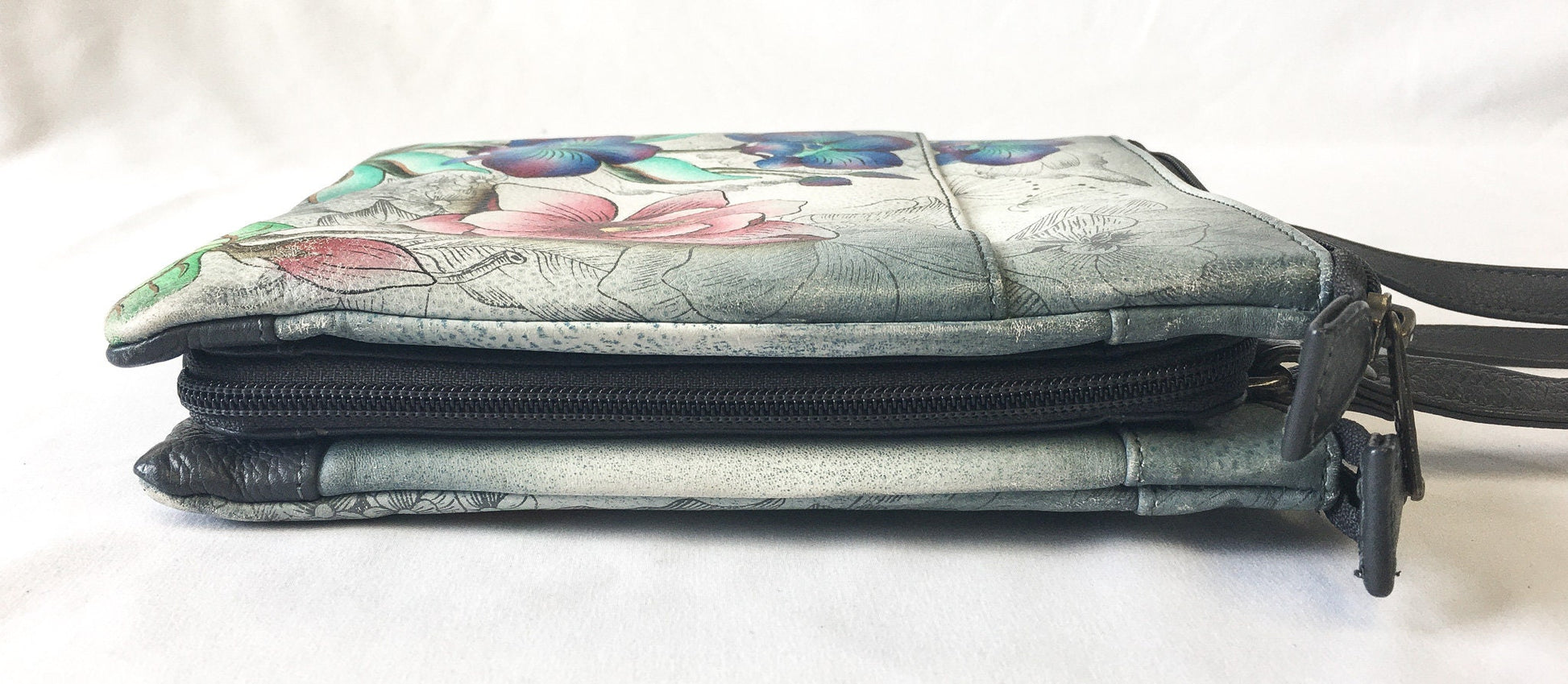 Vintage Anushcka Leather Hand Painted Multicolored Floral 3-Compartment Shoulder Bag, Vintage Anushcka Bag