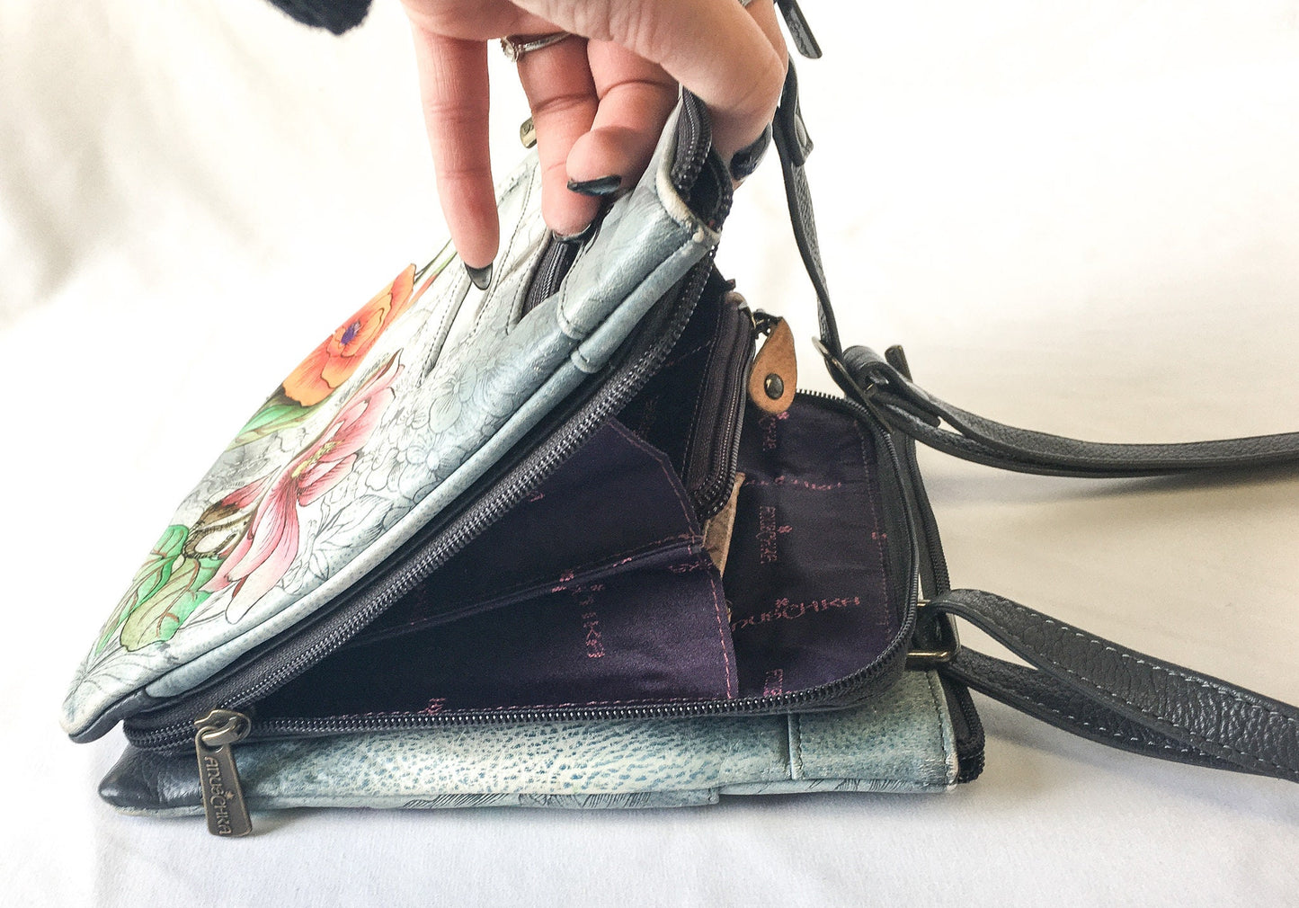 Vintage Anushcka Leather Hand Painted Multicolored Floral 3-Compartment Shoulder Bag, Vintage Anushcka Bag