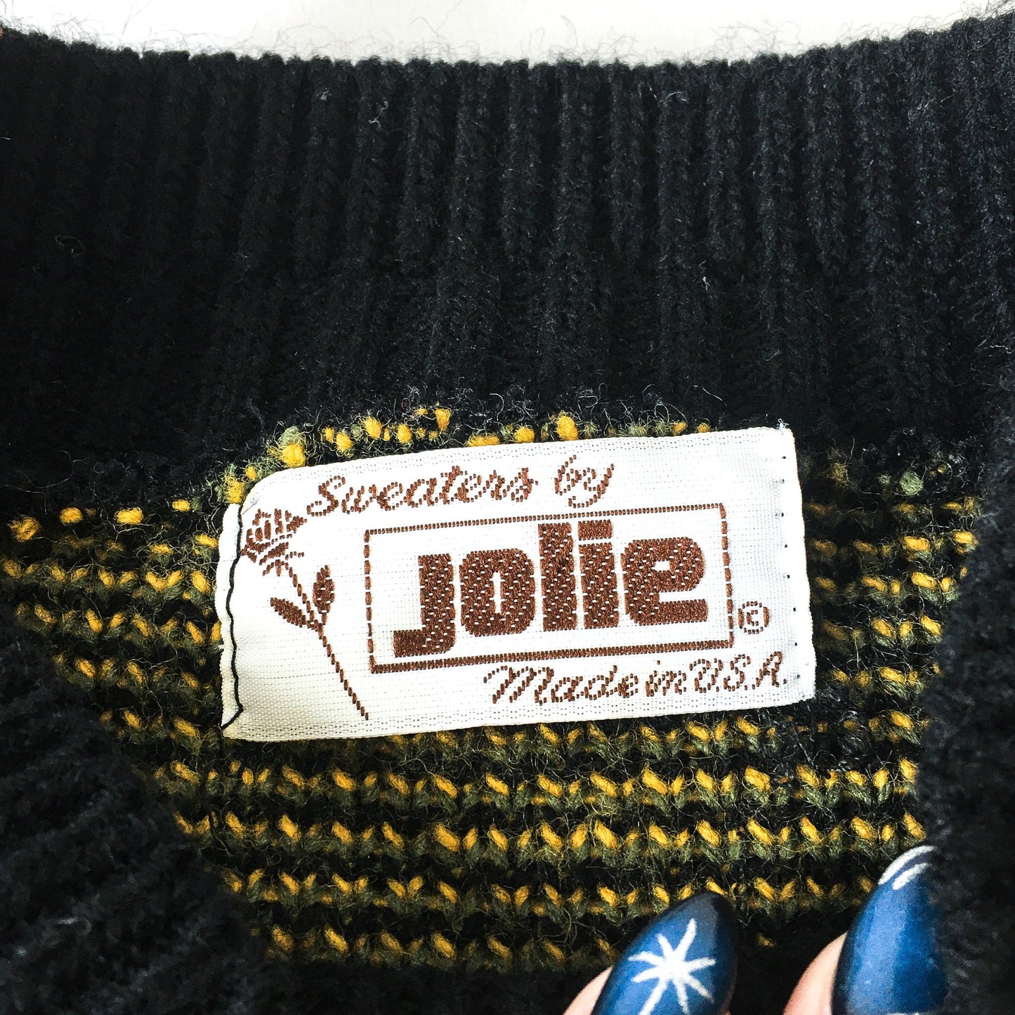 Vintage 80s Sweaters By Jolie Green and Yellow Abstract Patterned Knit Sweater, Made in USA