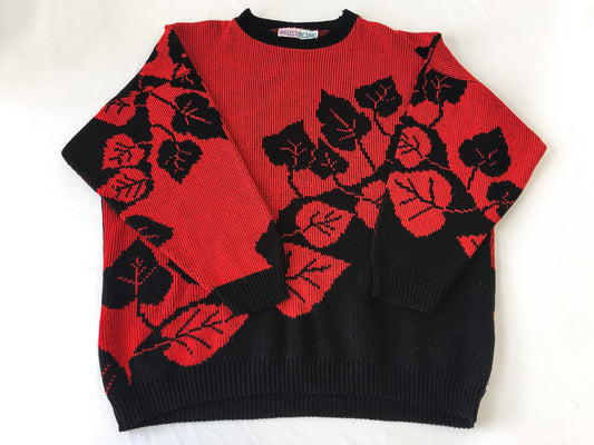 Vintage 80s Delivery Ltd. Red and Black Leaf Patterned Sweater, Vintage 1980s Crewneck