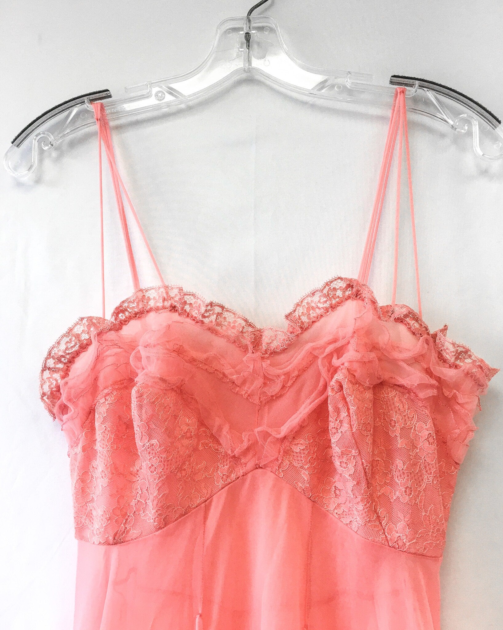 Vintage 80s Kickernick Restware Coral Pink Slip Dress with Lace Detail, Sz. 34, Vintage Peignoir Dress