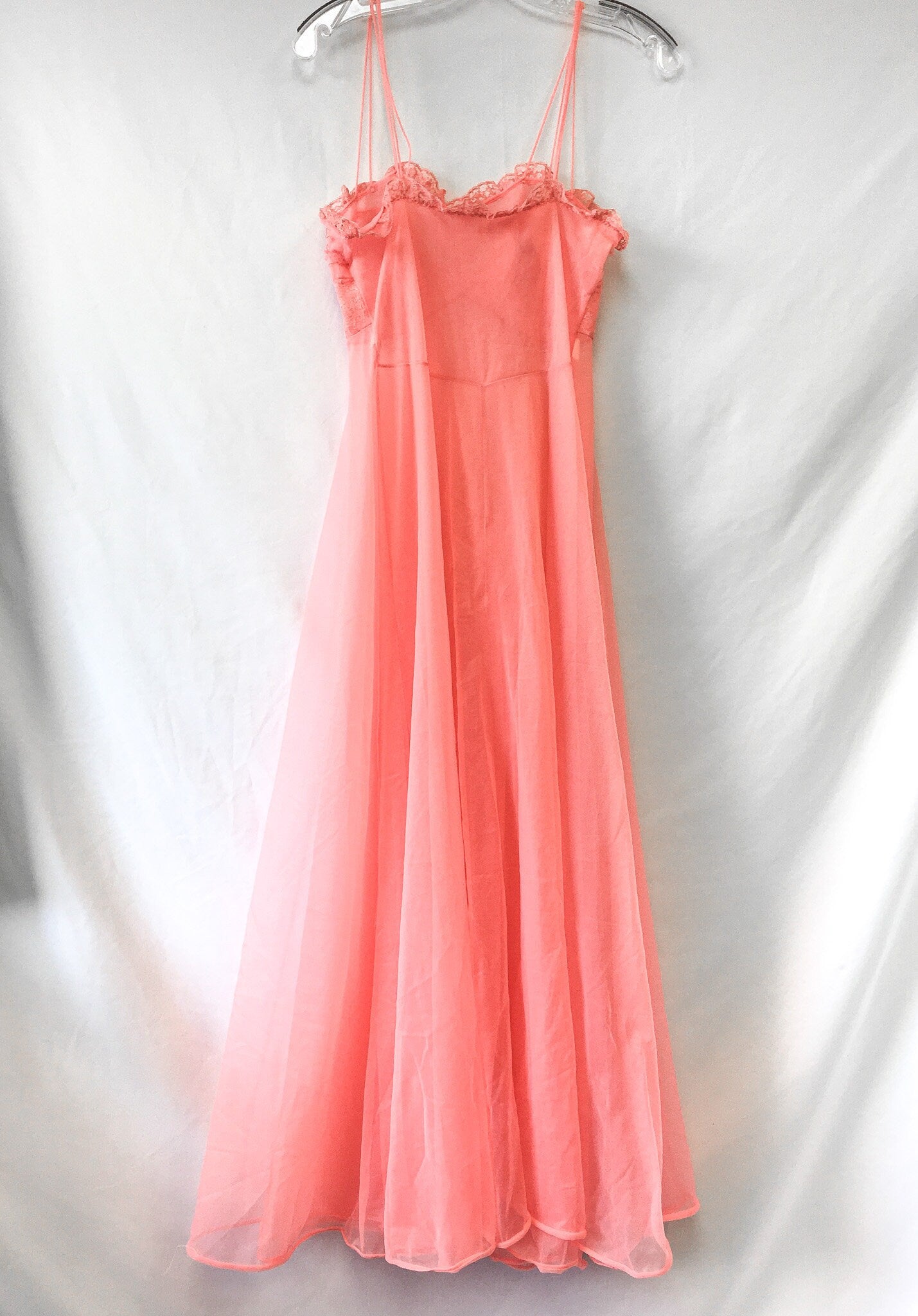 Vintage 80s Kickernick Restware Coral Pink Slip Dress with Lace Detail, Sz. 34, Vintage Peignoir Dress