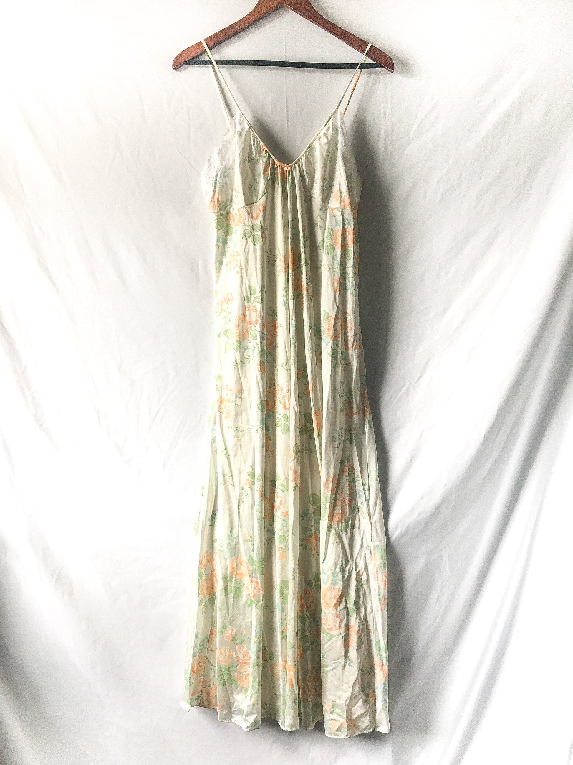 Vintage Gossard Cream/Off-White Floral Slip Dress with Lace Detail, Sz. L, Vintage Peignoir Dress