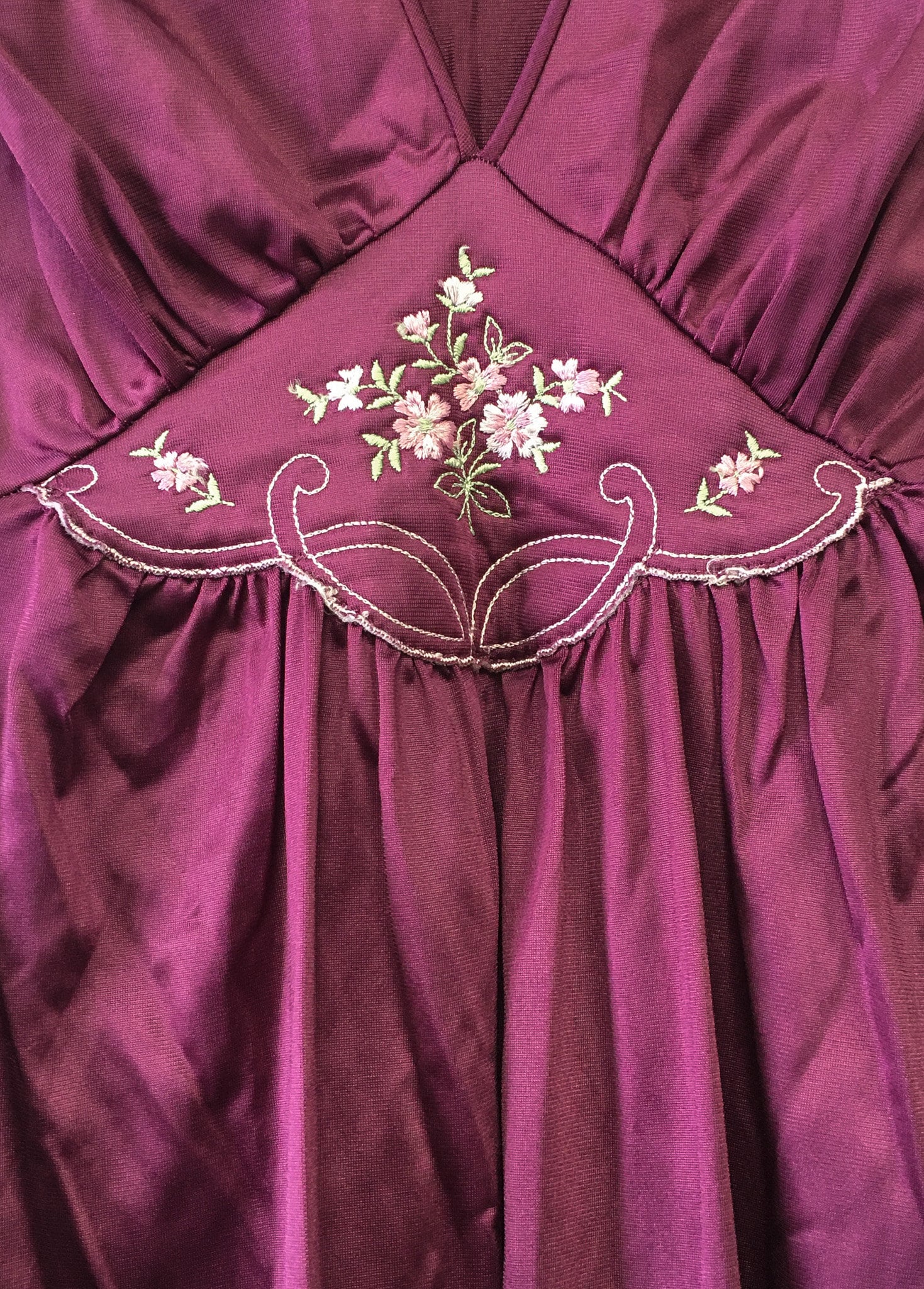 Vintage Lorraine Purple Slip Dress with Floral Embroidery and Adjustable Waist Tie, Sz. M, Vintage Peignoir Dress