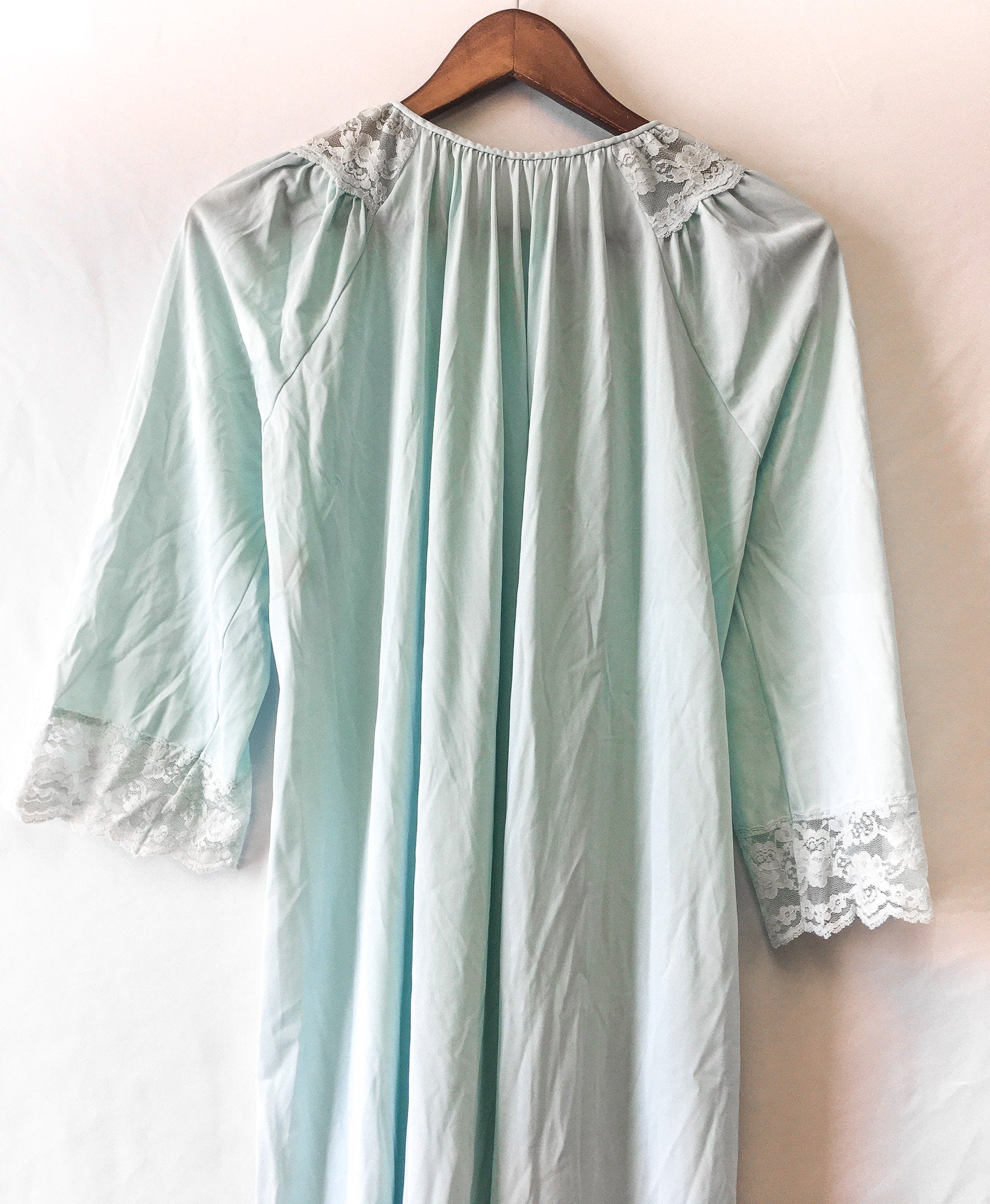 Vintage Teal Sleeved Slip Dress with Lace Detail, Sz. L, Vintage Peignoir Dress