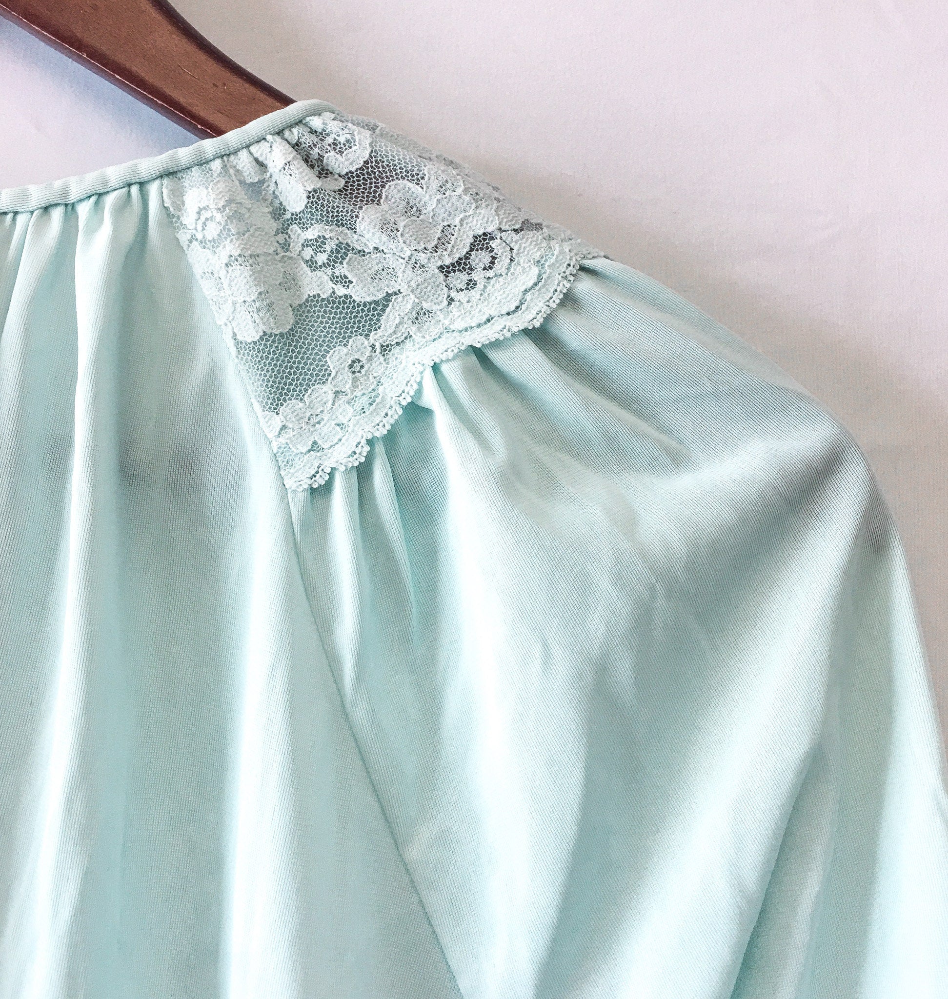 Vintage Teal Sleeved Slip Dress with Lace Detail, Sz. L, Vintage Peignoir Dress