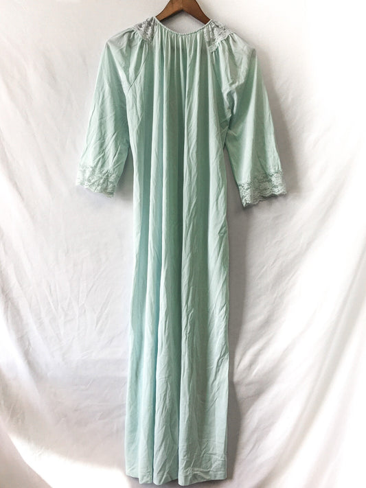 Vintage Teal Sleeved Slip Dress with Lace Detail, Sz. L, Vintage Peignoir Dress