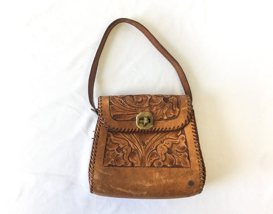 Vintage 70s Handcrafted Brown Tooled Leather Handbag with Floral Engraving, 70s Western Handbag