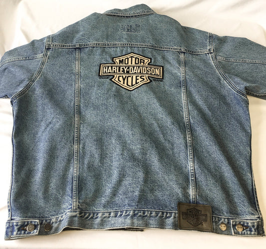 Vintage Harley Davidson Light Wash Denim Jacket with Embroidered Back Logo, Sz. XL, Vintage Harley Jacket