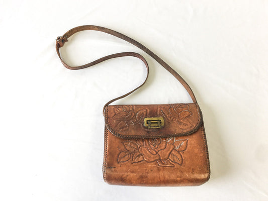 Vintage 70s Handcrafted Tooled Leather Crossbody with Rose Floral Engraving, Vintage Western Leather Handbag