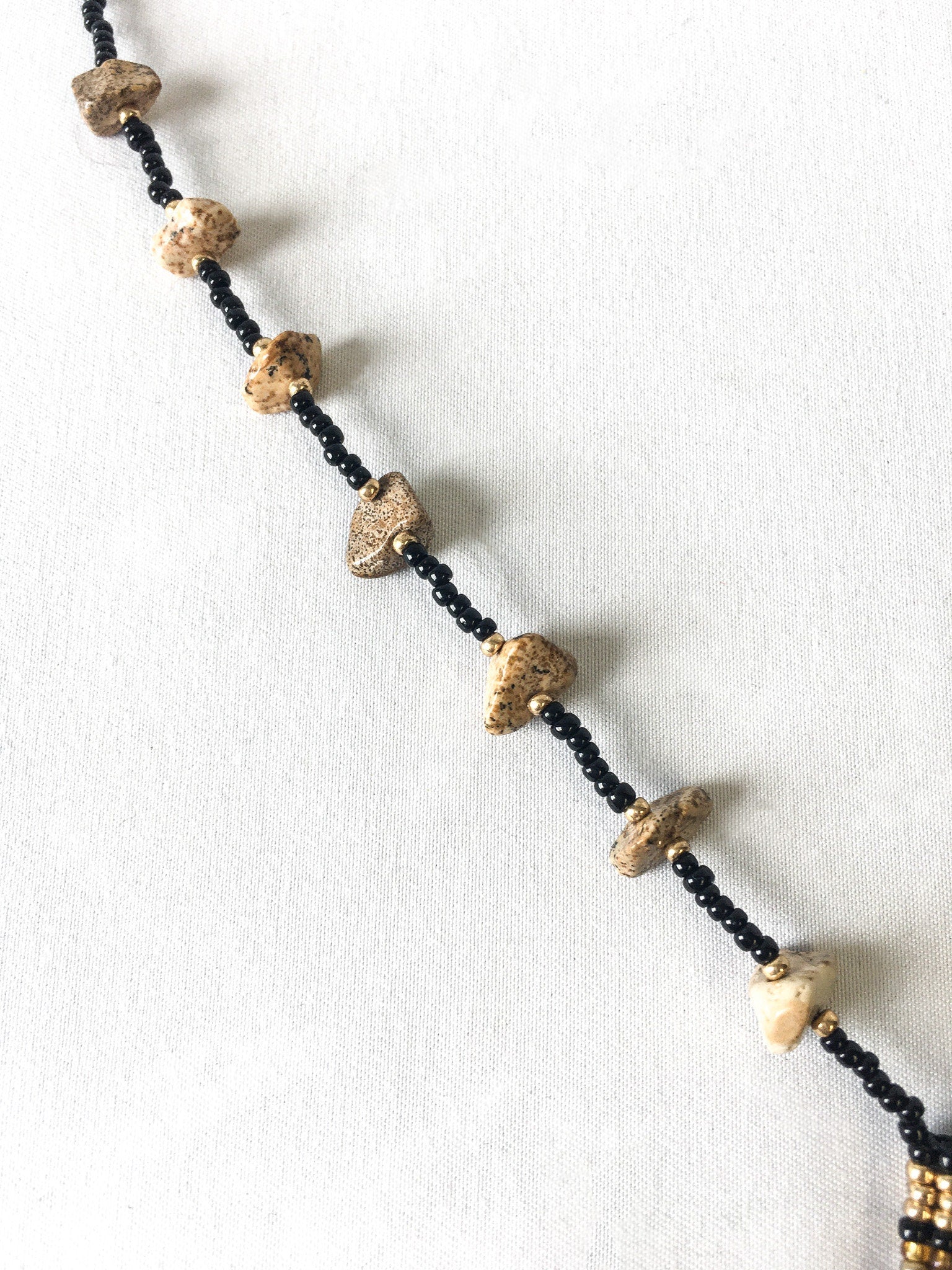 Vintage Handcrafted Brown and Black Square Beaded Pouch Bag Necklace with Beaded Rock and Fringe Detail, Boho Style Necklace
