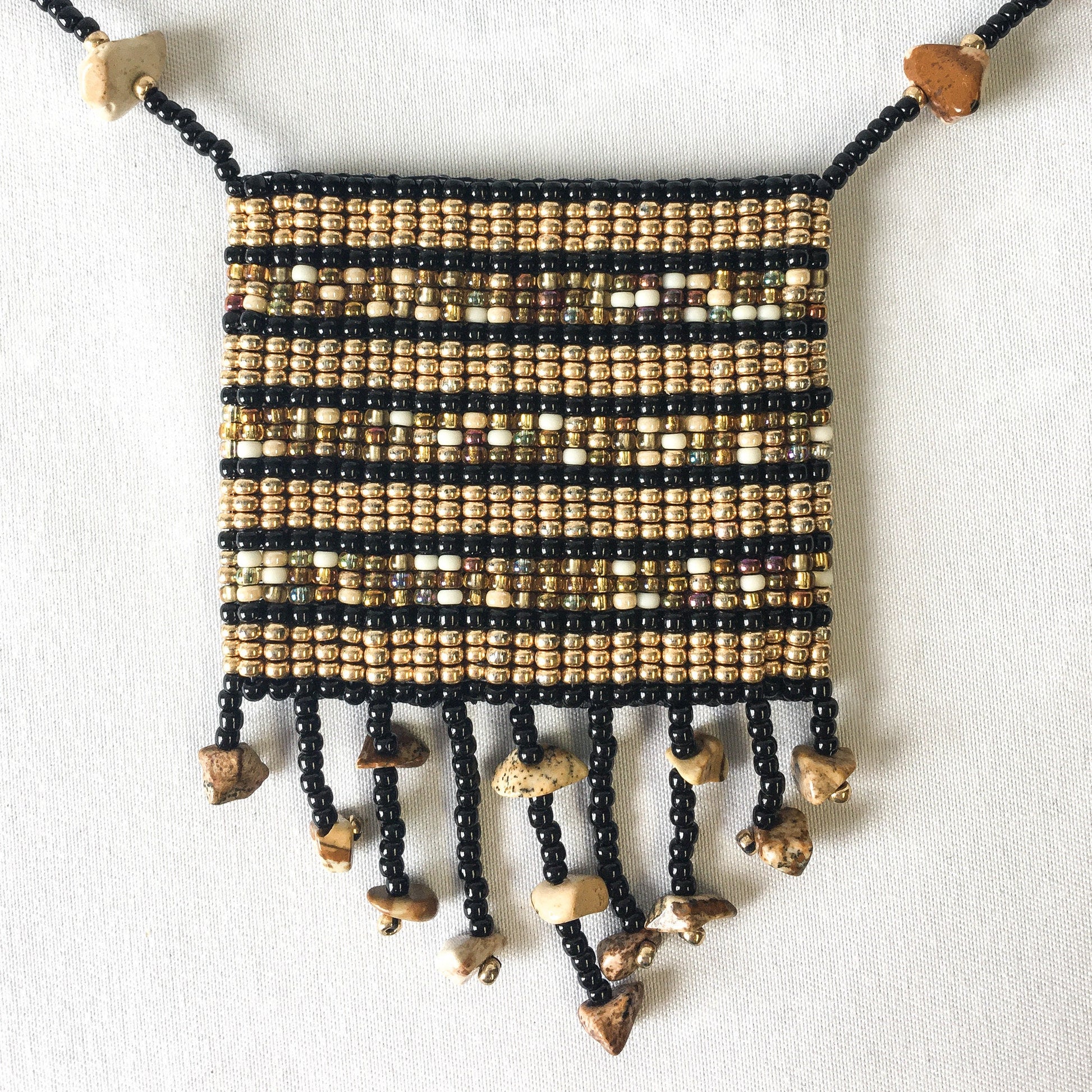 Vintage Handcrafted Brown and Black Square Beaded Pouch Bag Necklace with Beaded Rock and Fringe Detail, Boho Style Necklace