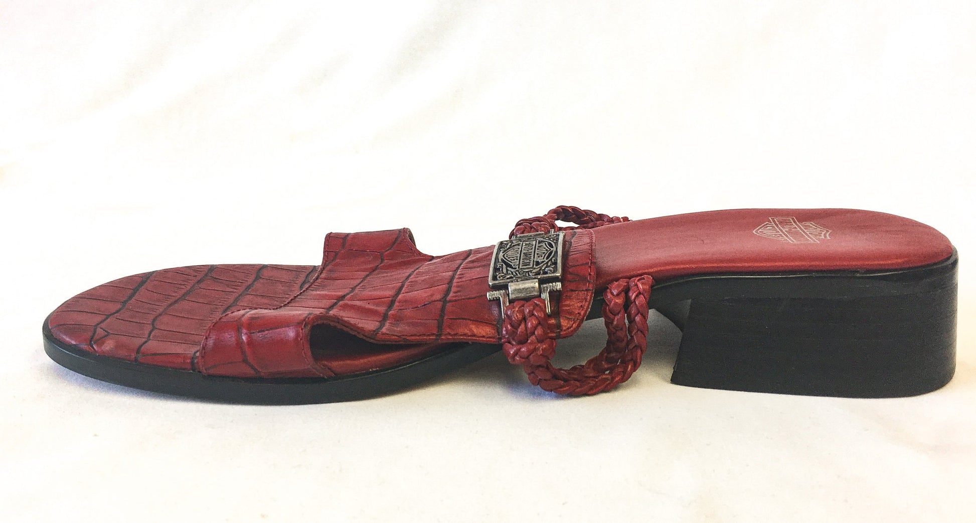 Vintage 90s Harley Davidson Red Leather Block Heel Sandals with Silver Metal and Braided Strap Detail, Sz. 9
