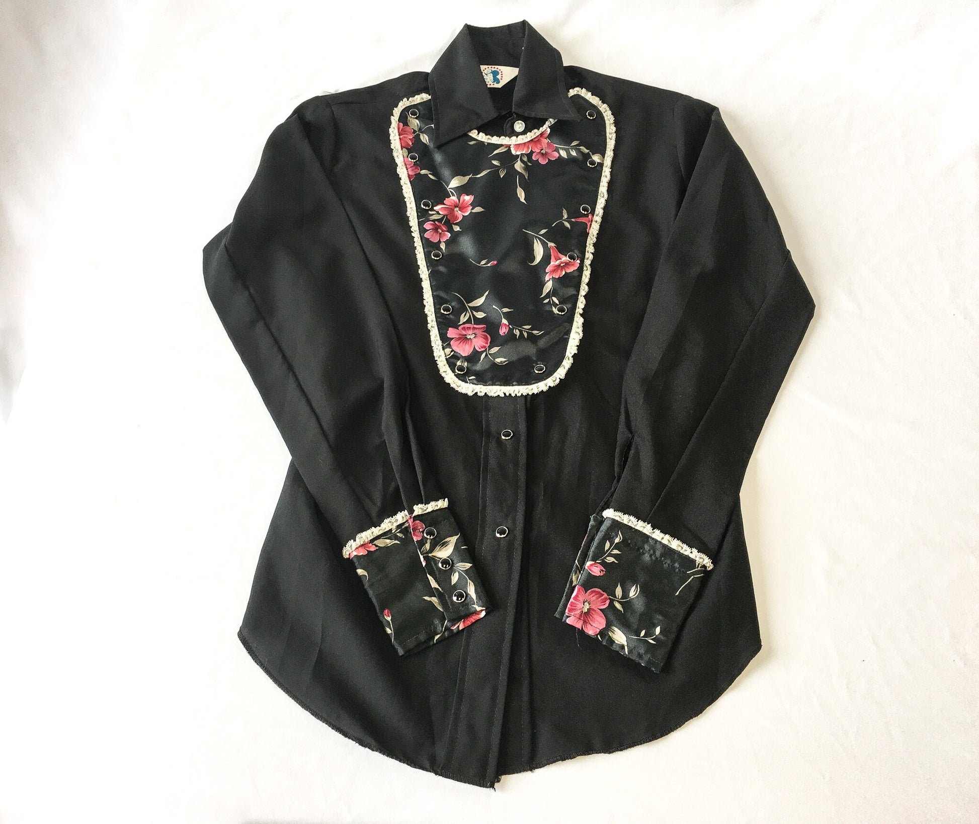Vintage 70s Miss Rodeo America Black Floral Button Up with Detachable Chest Piece, Sz. 5/6, 70s Western Wear
