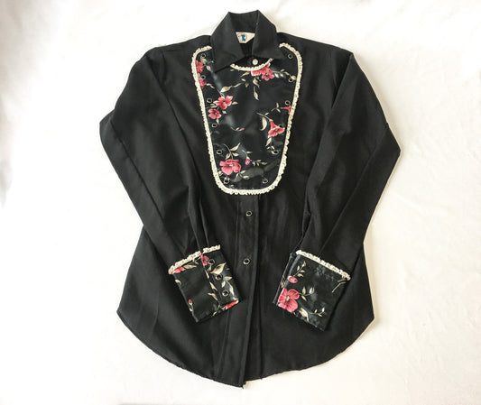 Vintage 70s Miss Rodeo America Black Floral Button Up with Detachable Chest Piece, Sz. 5/6, 70s Western Wear