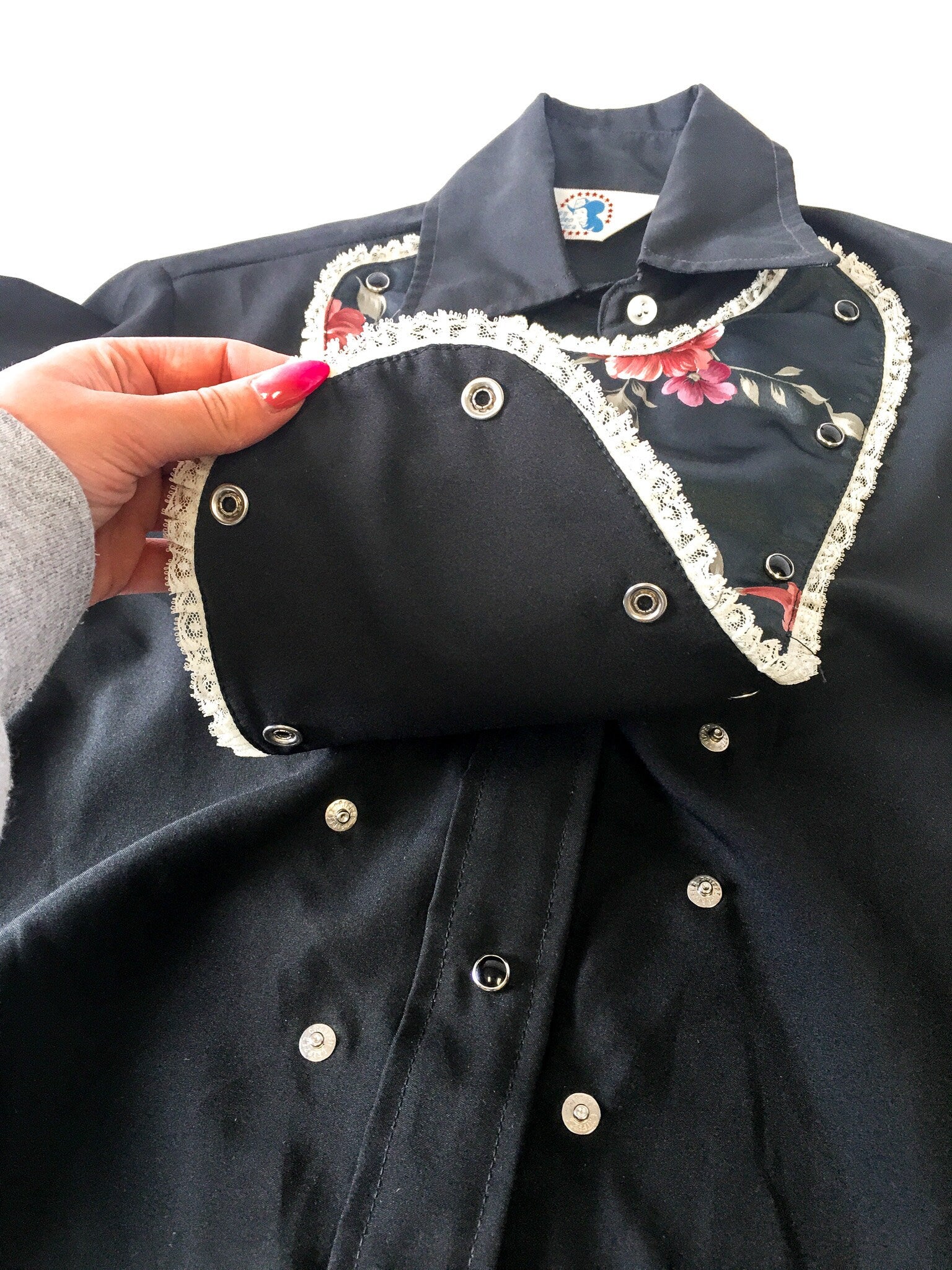 Vintage 70s Miss Rodeo America Black Floral Button Up with Detachable Chest Piece, Sz. 5/6, 70s Western Wear