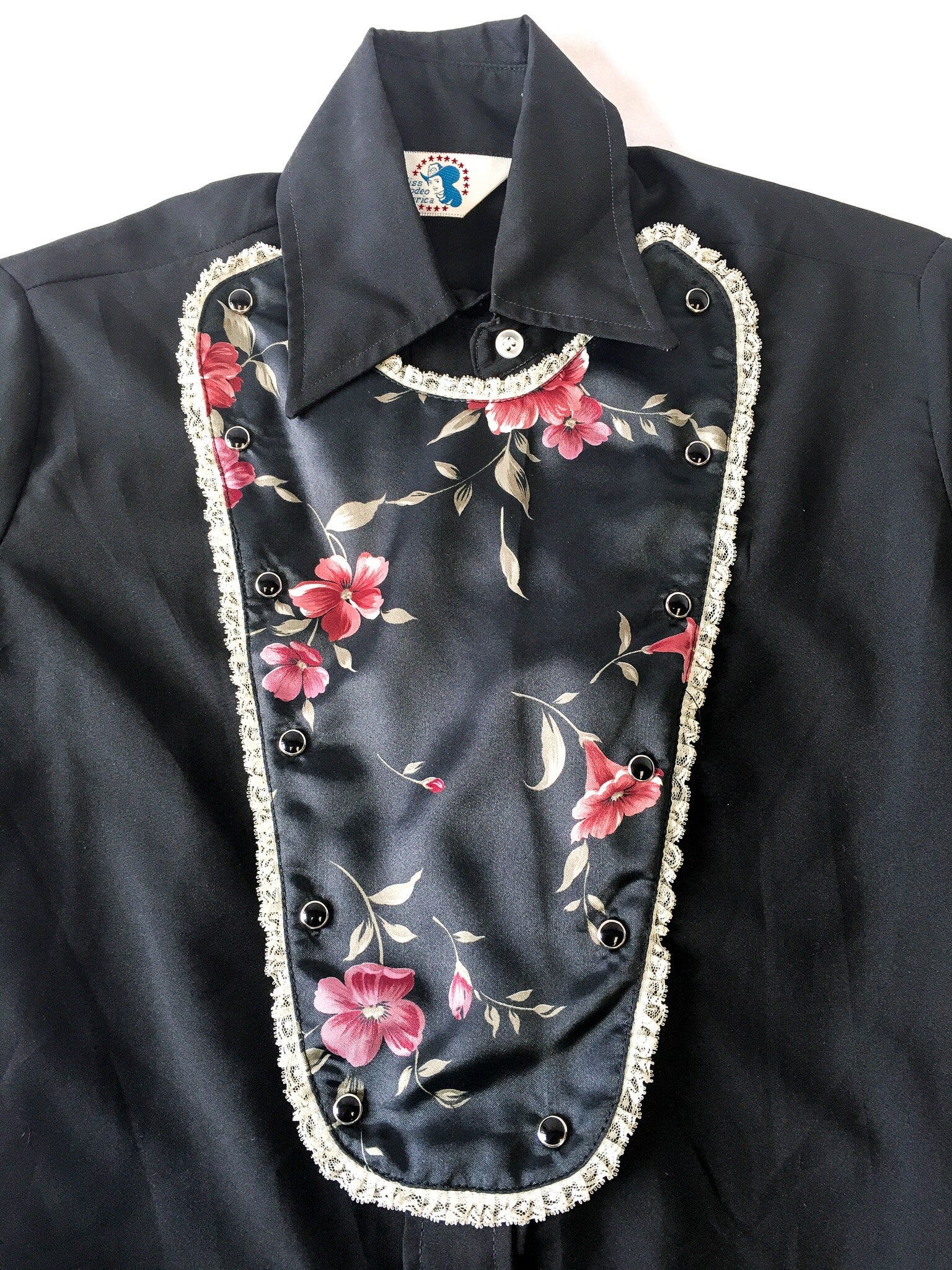 Vintage 70s Miss Rodeo America Black Floral Button Up with Detachable Chest Piece, Sz. 5/6, 70s Western Wear