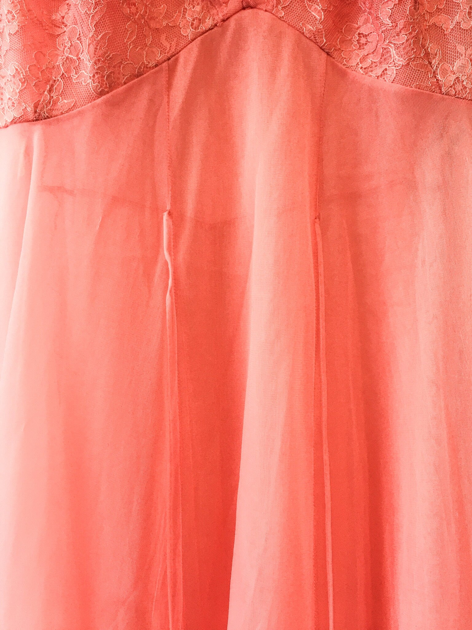 Vintage 80s Kickernick Restware Coral Pink Slip Dress with Lace Detail, Sz. 34, Vintage Peignoir Dress