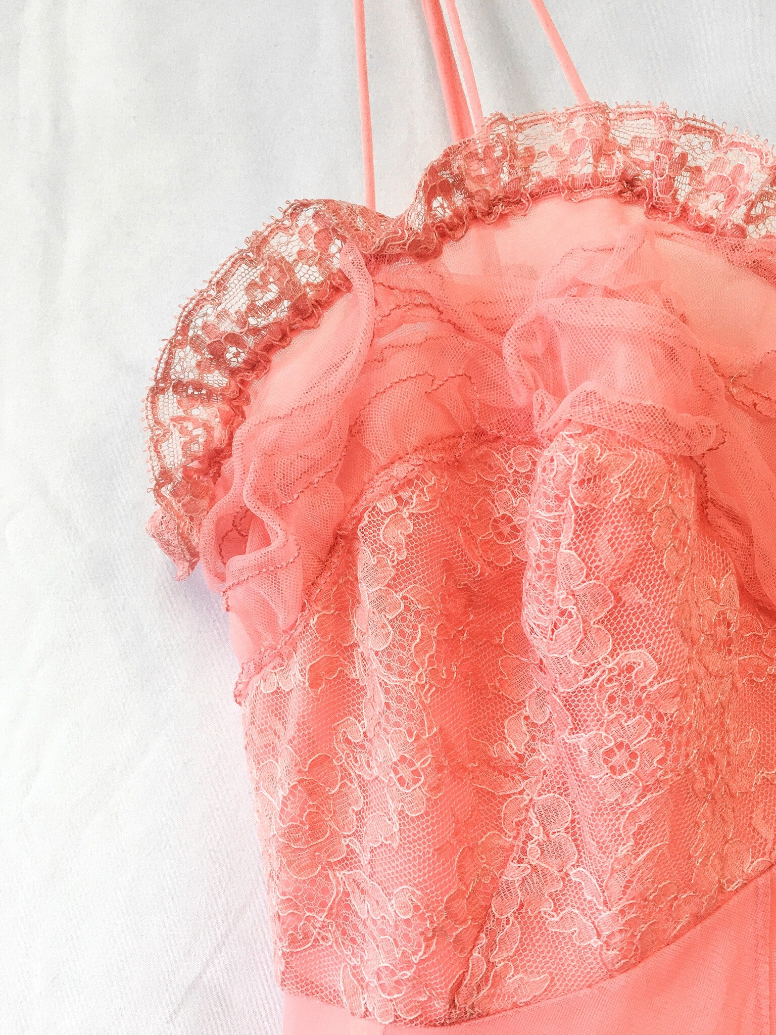 Vintage 80s Kickernick Restware Coral Pink Slip Dress with Lace Detail, Sz. 34, Vintage Peignoir Dress